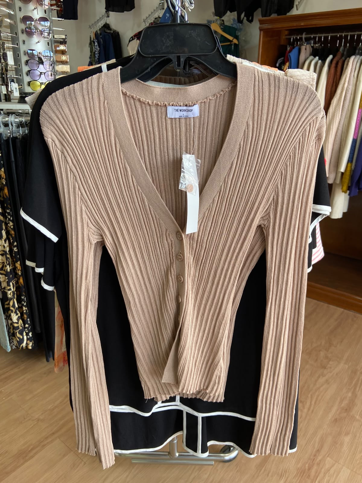 Beige Ribbed Long Sleeve Cardigan with Buttons