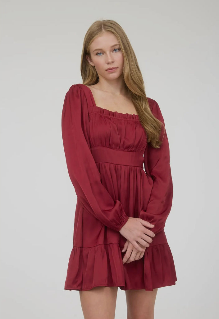 Red Long Sleeve Tiered Dress with Square Neck