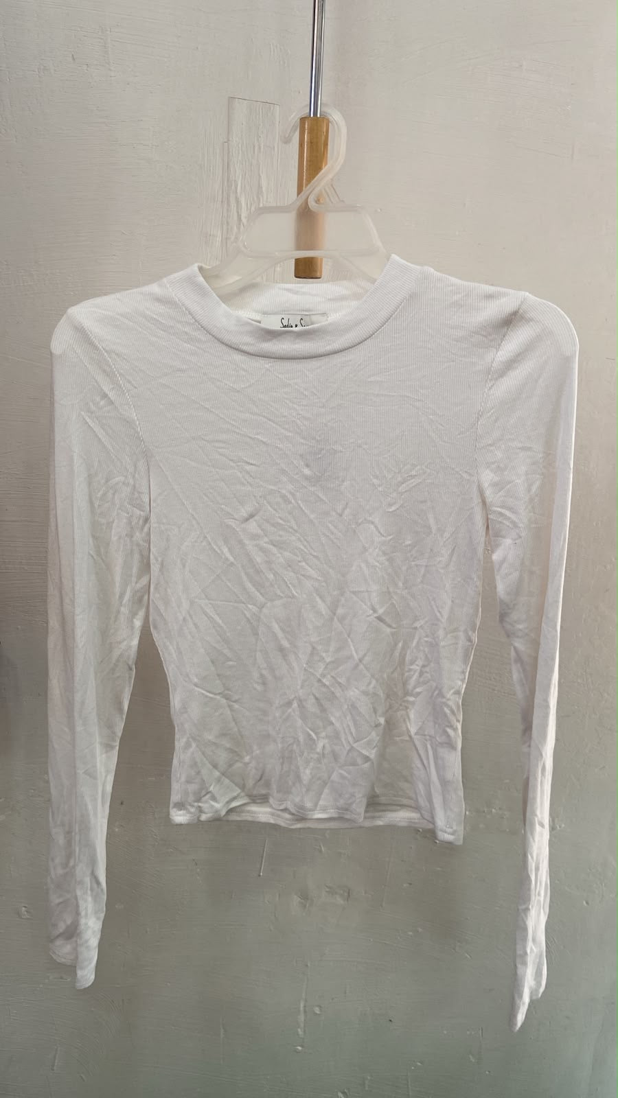 White Long Sleeve Fitted Top with Ribbed Texture