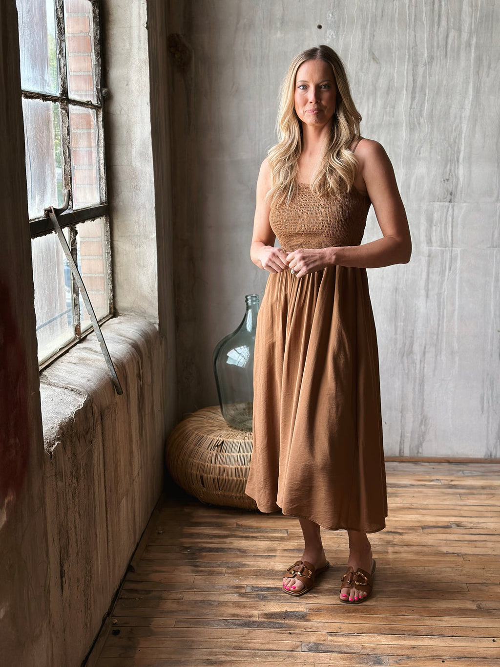 Smocked Basque Waist Spaghetti Strap Midi Dress Brown- Summer Boho Floral Beach Sundress