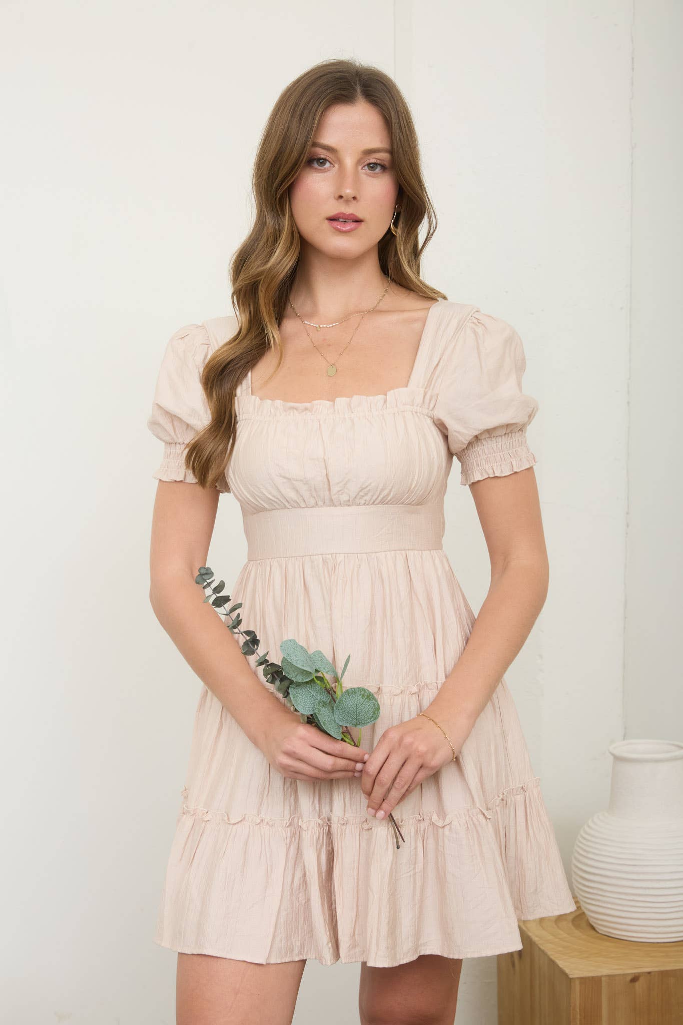 Beige Short Puff Sleeve Mini Dress with Ruffle Detail