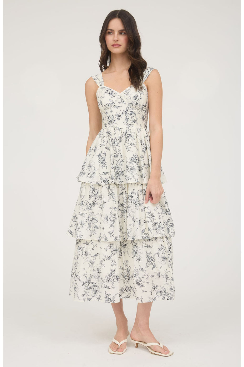 Cream Floral Maxi Dress with Tiered Ruffles