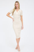 Cream Short Sleeve Ribbed Maxi Dress with Collar