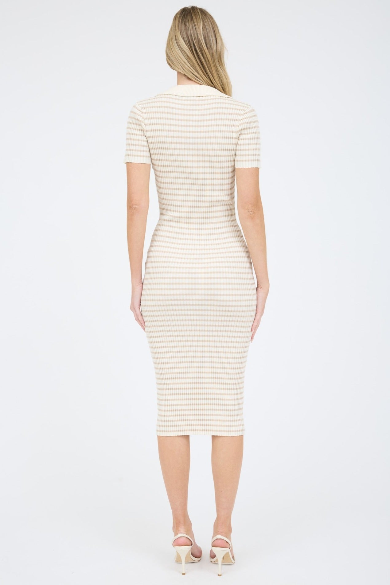Cream Short Sleeve Ribbed Maxi Dress with Collar
