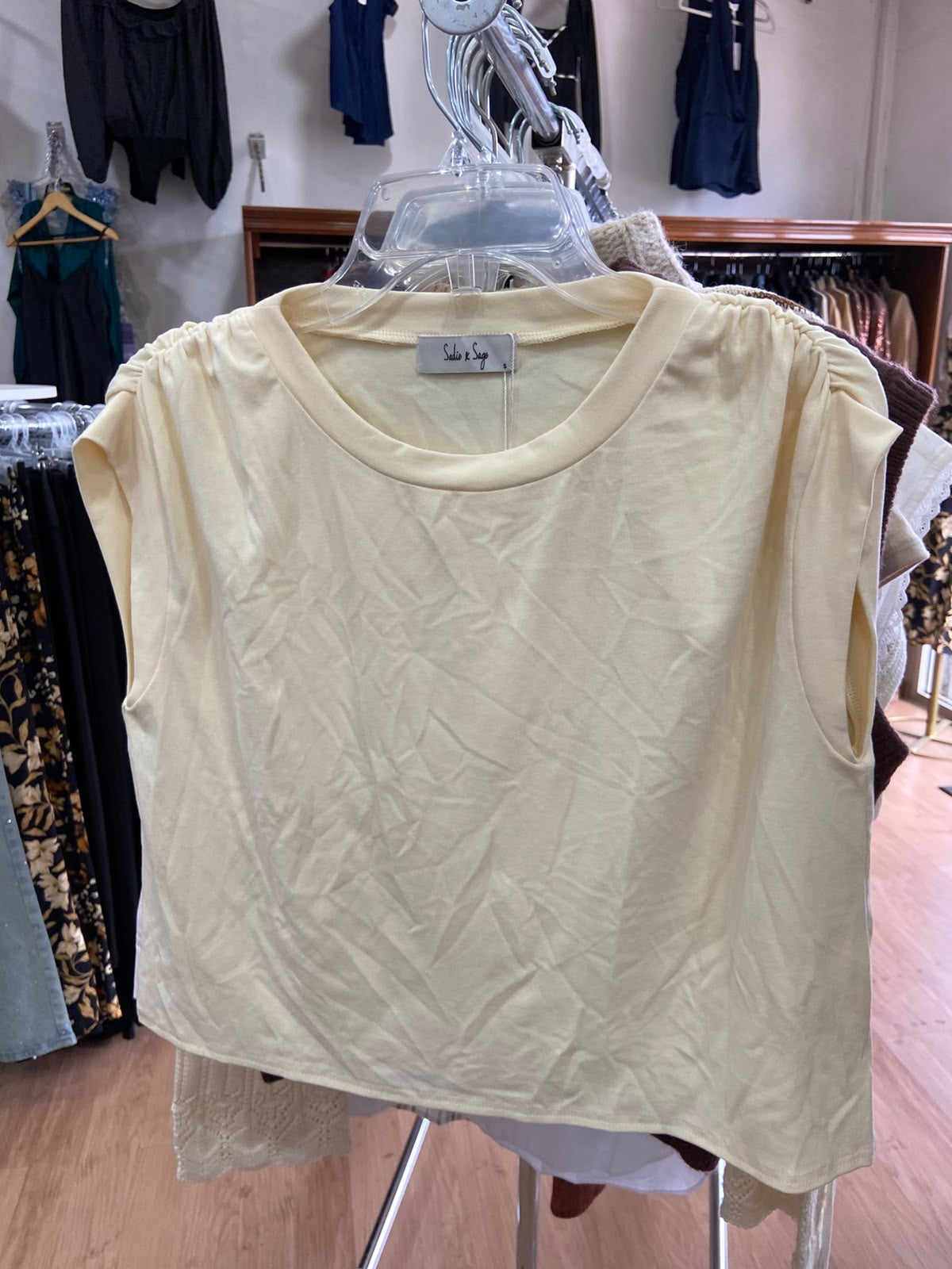 Cream Short Sleeve Crop Top with Gathered Shoulders