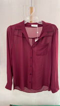 Burgundy Sheer Long Sleeve Button-Up Shirt