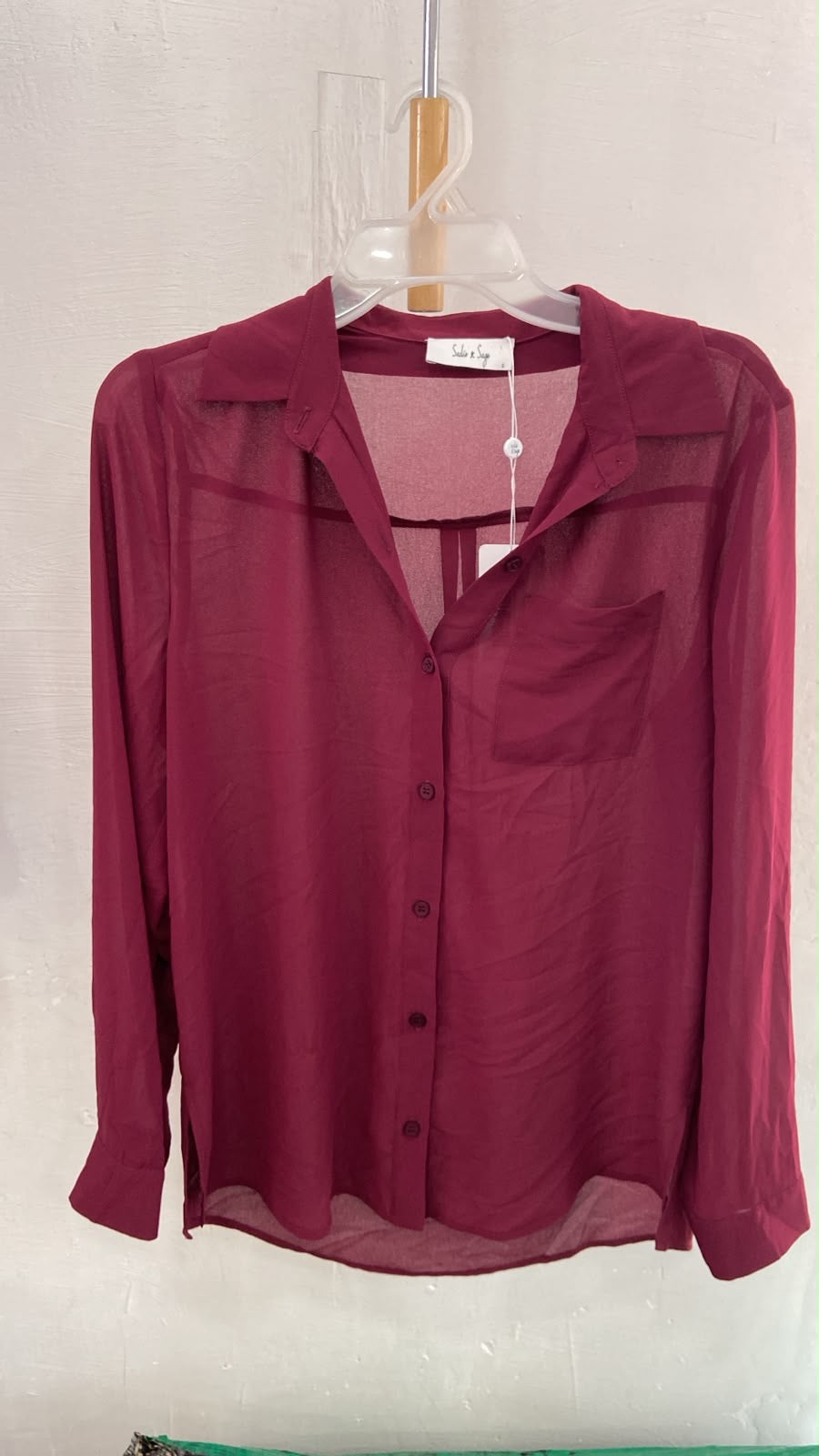 Burgundy Sheer Long Sleeve Button-Up Shirt