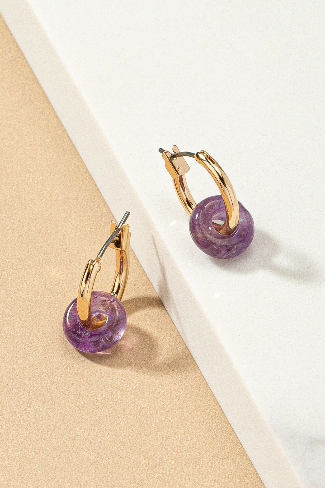 Gold Plated Hoop Earrings with Natural Stone Donut - Malachite, Turquoise, Rose Quartz & More - Perfect Gift for Her