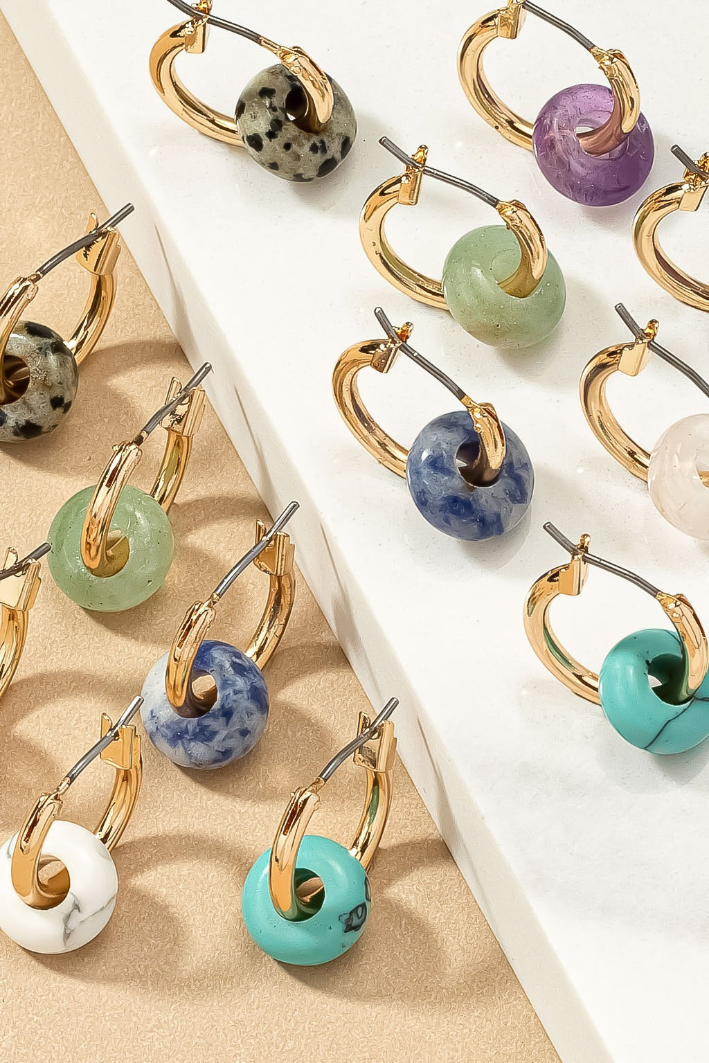 Gold Plated Hoop Earrings with Natural Stone Donut - Malachite, Turquoise, Rose Quartz & More - Perfect Gift for Her