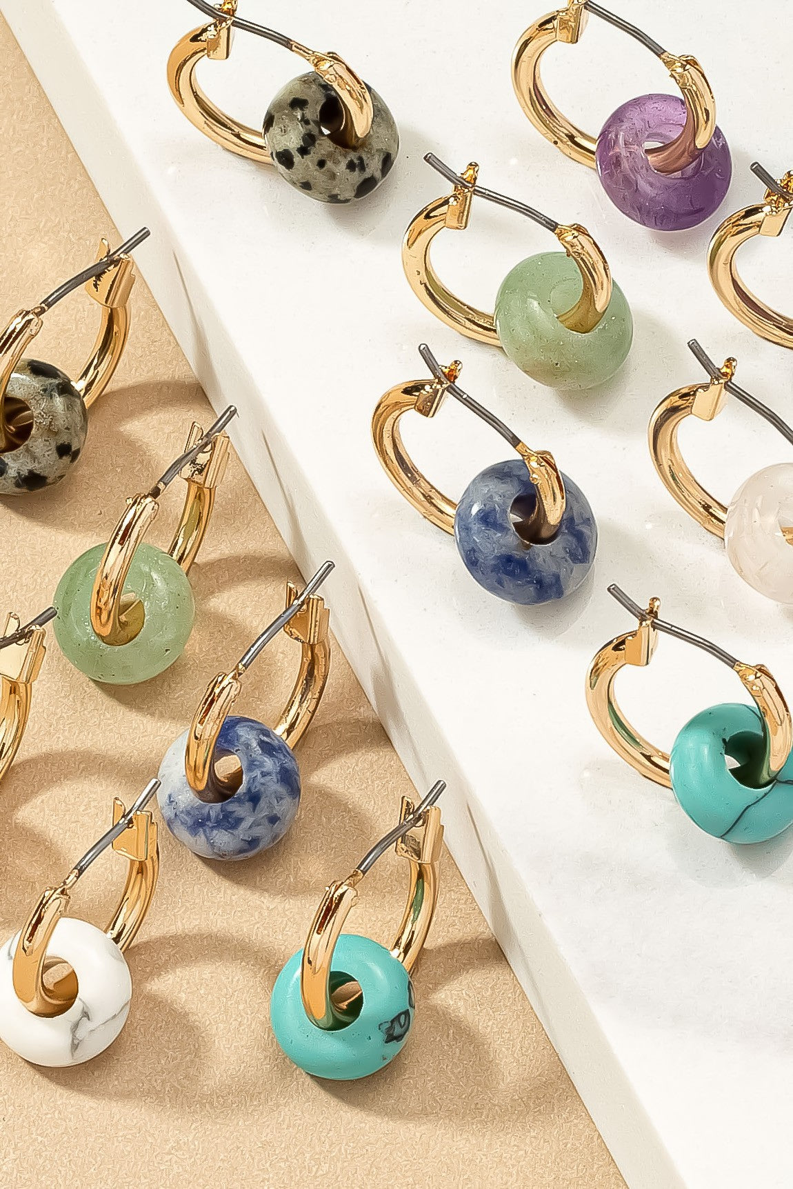 Gold Plated Hoop Earrings with Natural Stone Donut - Malachite, Turquoise, Rose Quartz & More - Perfect Gift for Her