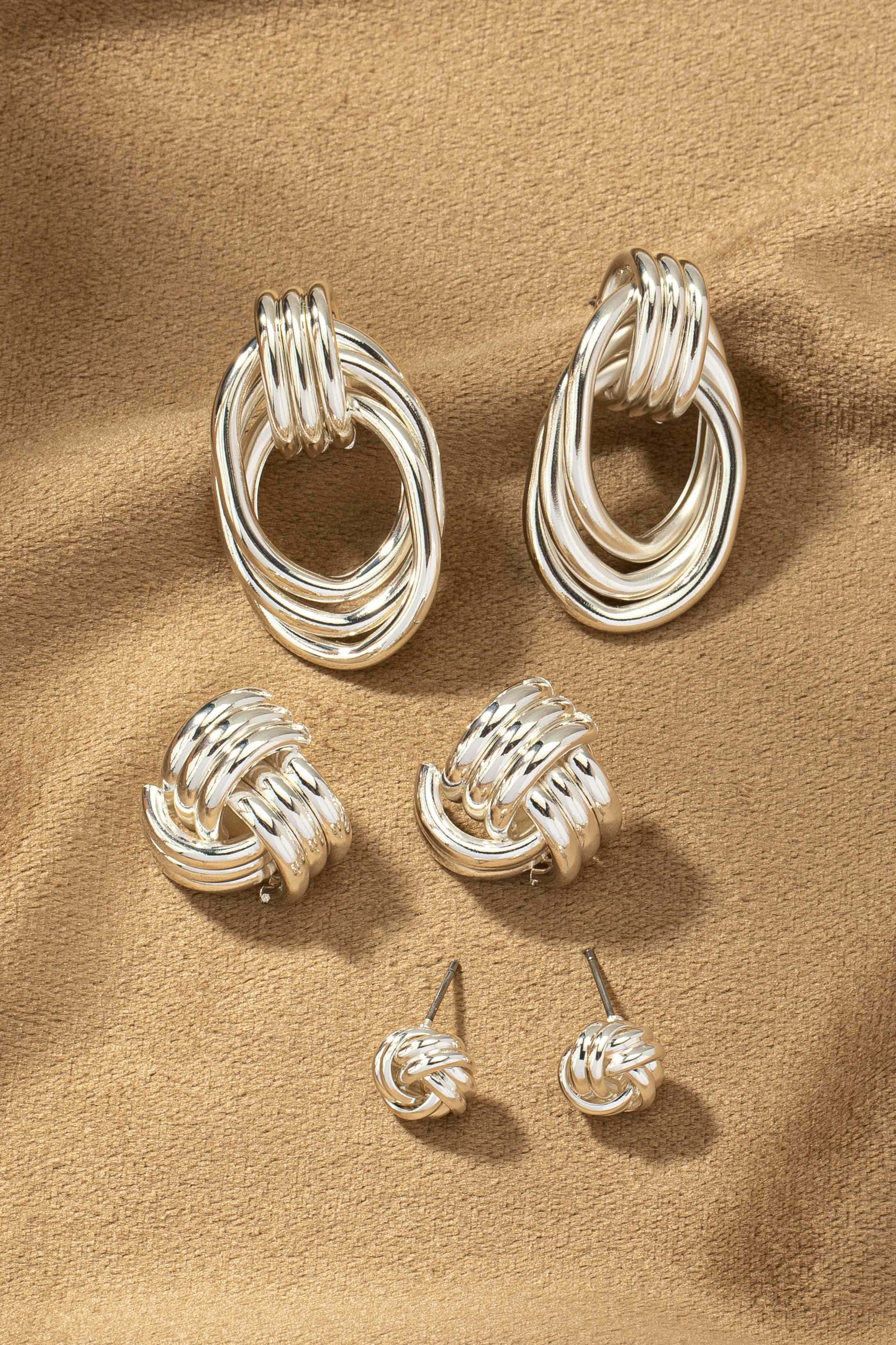 Elegant Trio Metal Knot & Hoop Earrings for Women | Versatile Silver-Tone Jewelry Set | SEO Optimized