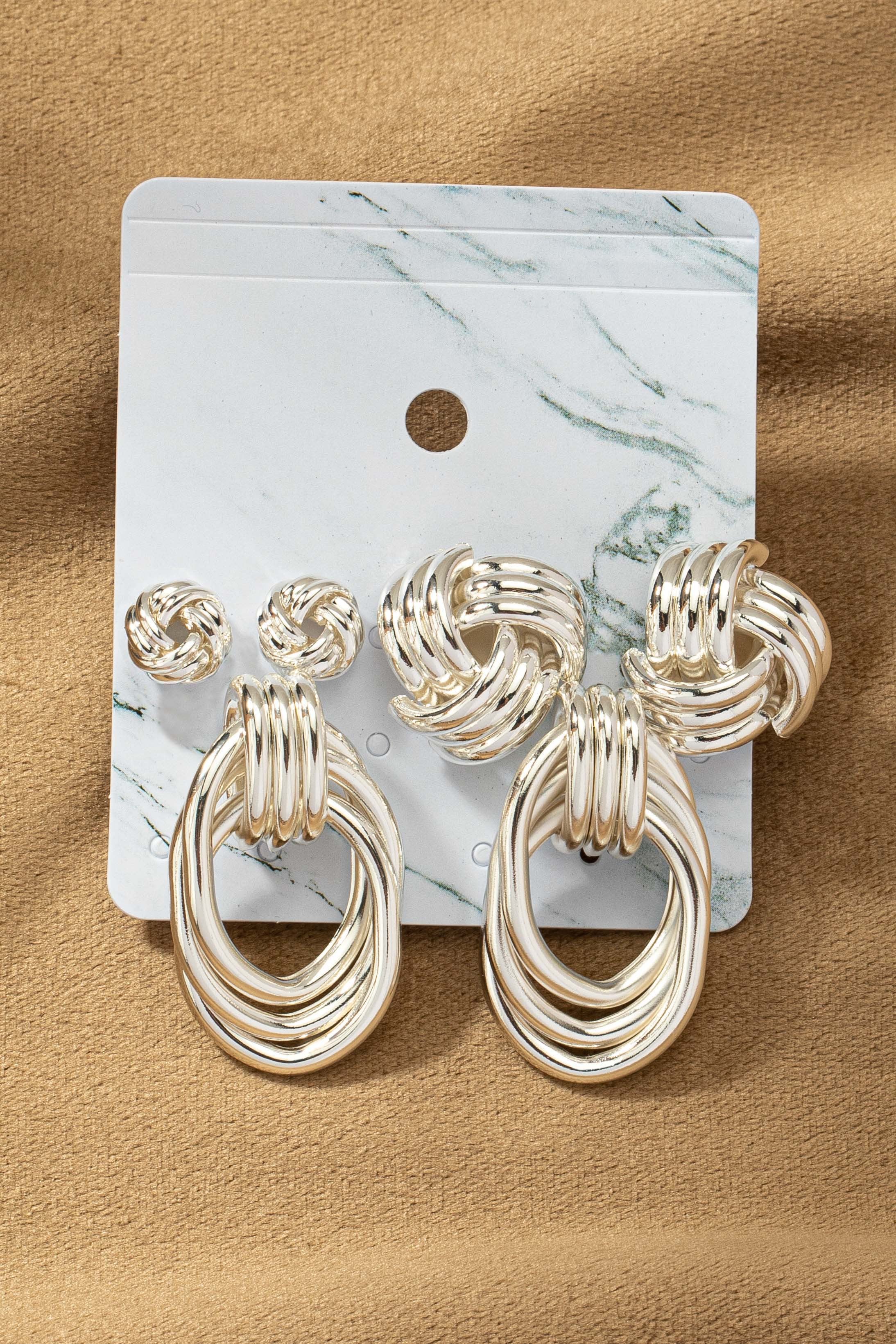 Elegant Trio Metal Knot & Hoop Earrings for Women | Versatile Silver-Tone Jewelry Set | SEO Optimized