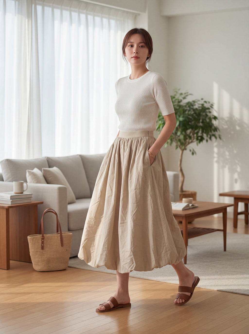 Beige Maxi Pleated Skirt with Side Pockets
