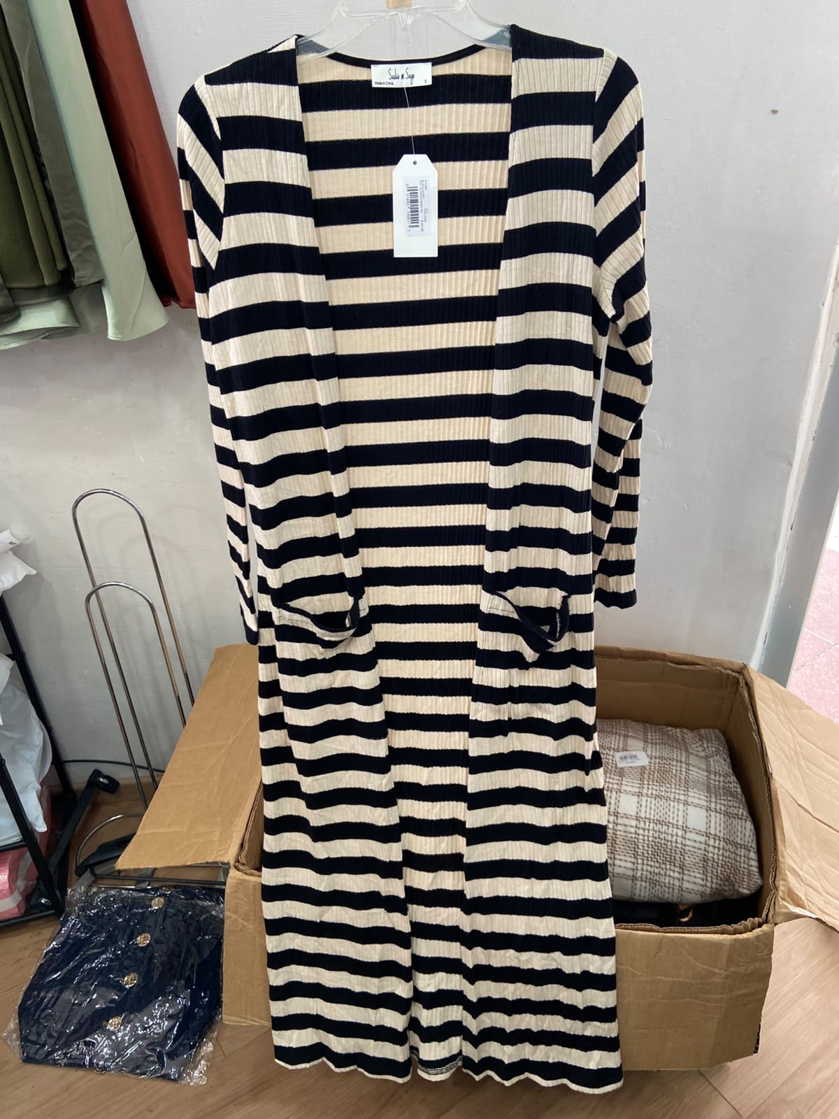 Beige Striped Long Cardigan with Pockets