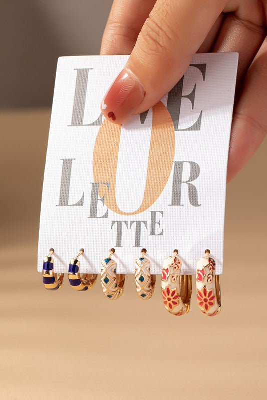 Stunning Trio Huggie Hoop Earrings - Women's Gold Plated Stainless Steel Jewelry with Enamel Flowers