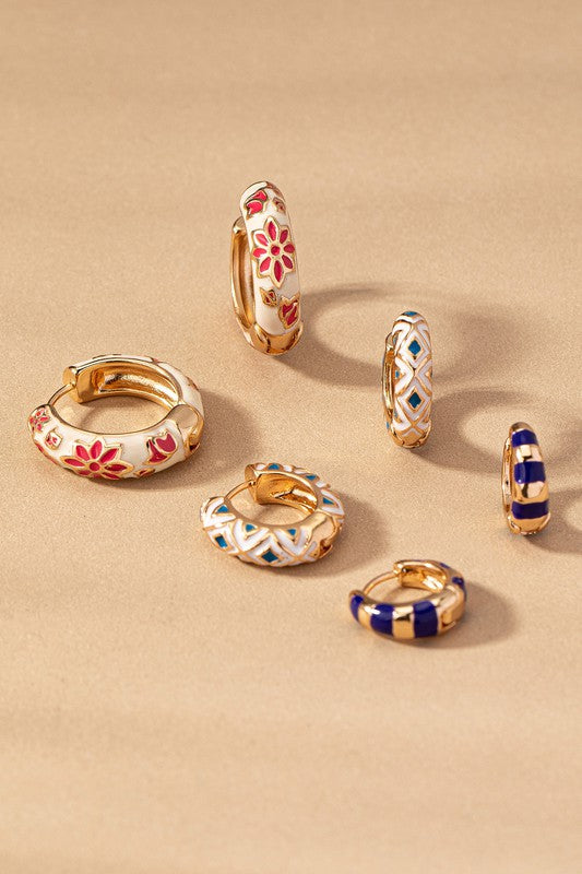 Stunning Trio Huggie Hoop Earrings - Women's Gold Plated Stainless Steel Jewelry with Enamel Flowers