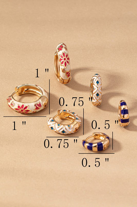 Stunning Trio Huggie Hoop Earrings - Women's Gold Plated Stainless Steel Jewelry with Enamel Flowers