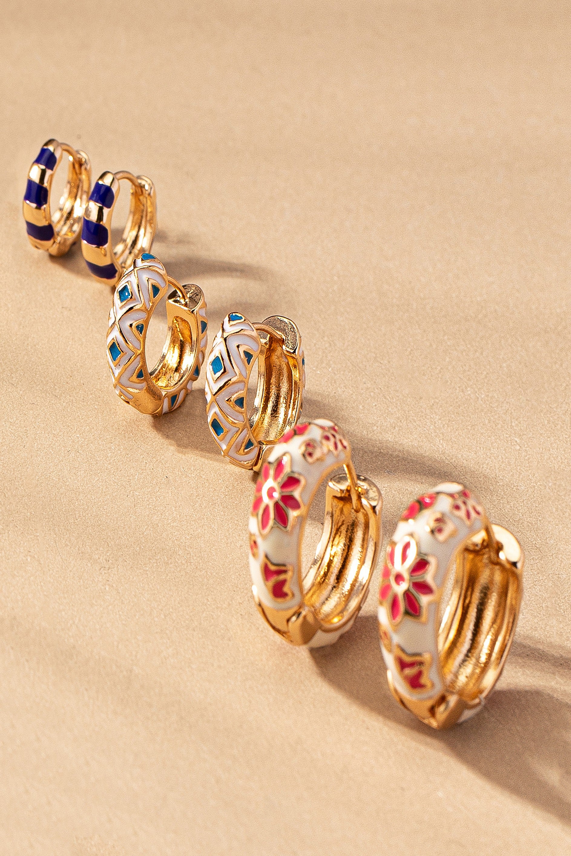 Stunning Trio Huggie Hoop Earrings - Women's Gold Plated Stainless Steel Jewelry with Enamel Flowers