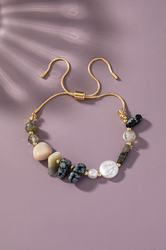 Boho Mixed Agate & Pearl Adjustable Snake Chain Bracelet for Women | Natural Gemstone Jewelry