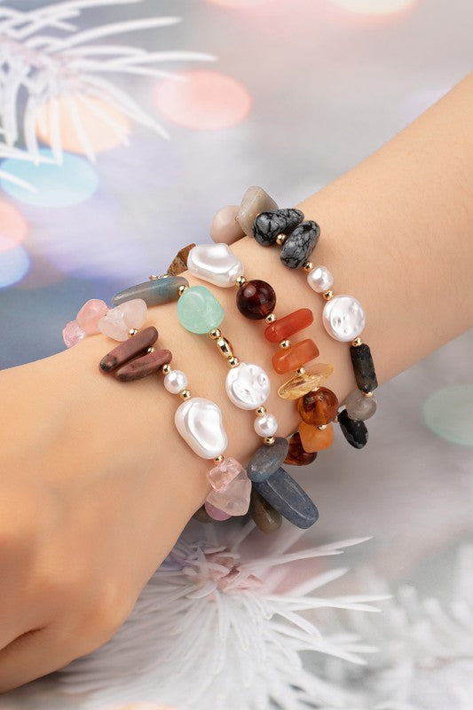 Boho Mixed Agate & Pearl Adjustable Snake Chain Bracelet for Women | Natural Gemstone Jewelry