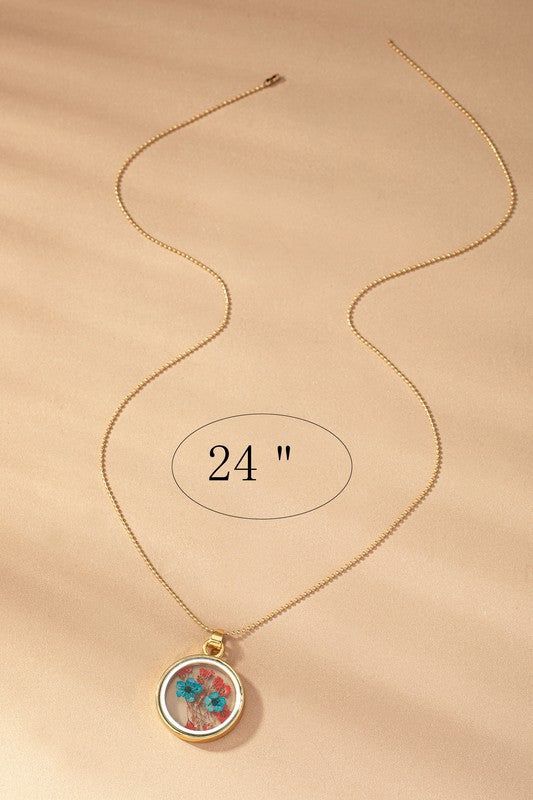 Boho Chic Real Dried Flower Pendant Necklace - Double-Sided Floral Glass & Gold Plated Stainless Steel, 24" Ball Chain | Unique Women's Jewelry Gift