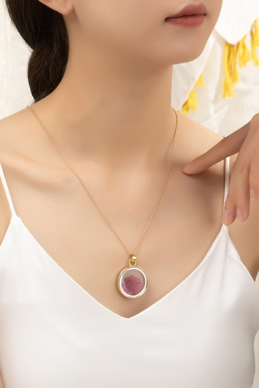 Boho Chic Real Dried Flower Pendant Necklace - Double-Sided Floral Glass & Gold Plated Stainless Steel, 24" Ball Chain | Unique Women's Jewelry Gift