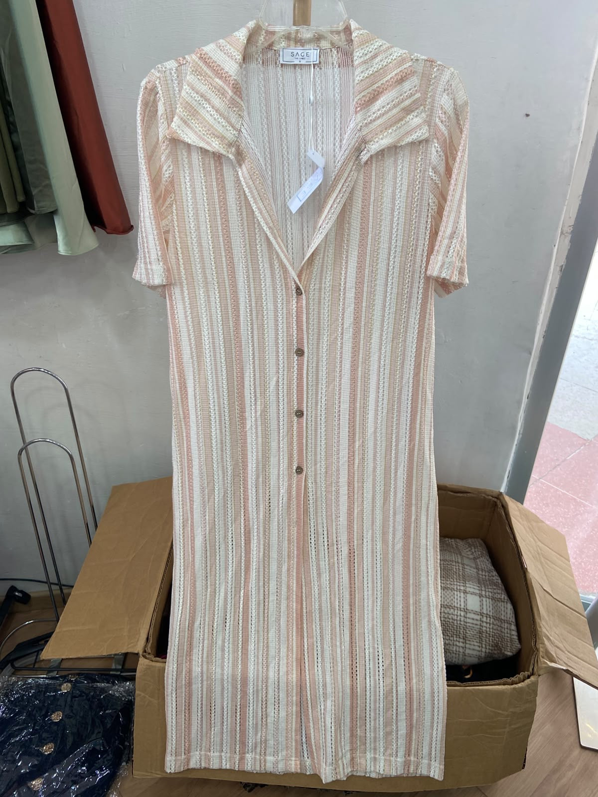 Peach Striped Short Sleeve Button-Up Dress