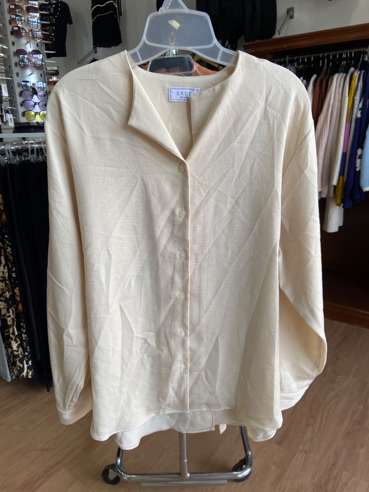 Cream Button-Up Long Sleeve Blouse with Soft Texture