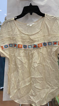Cream Short Sleeve Embroidered Top with Colorful Trim