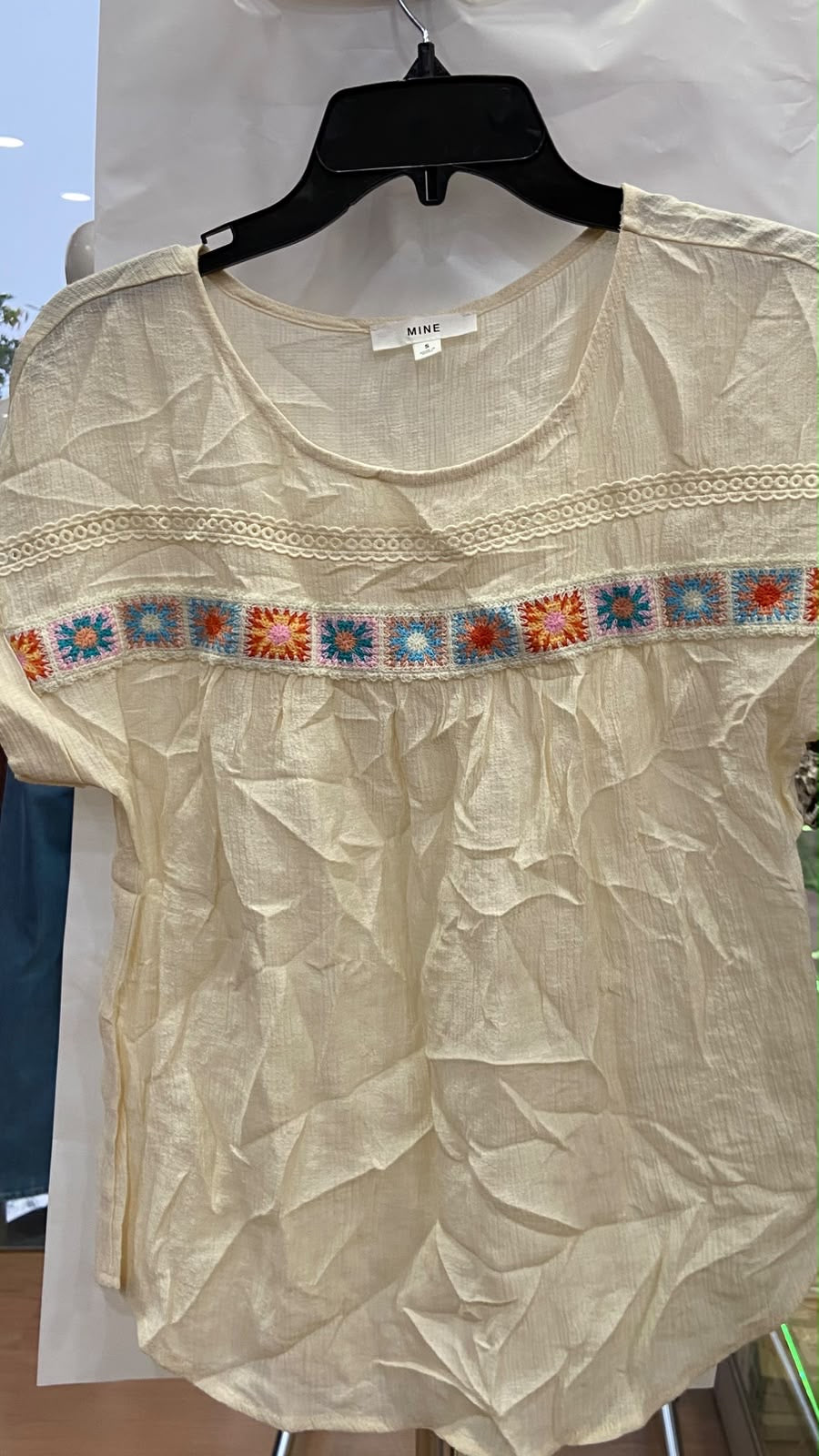 Cream Short Sleeve Embroidered Top with Colorful Trim