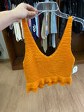 Orange Crocheted Sleeveless Top with Ruffle Hem