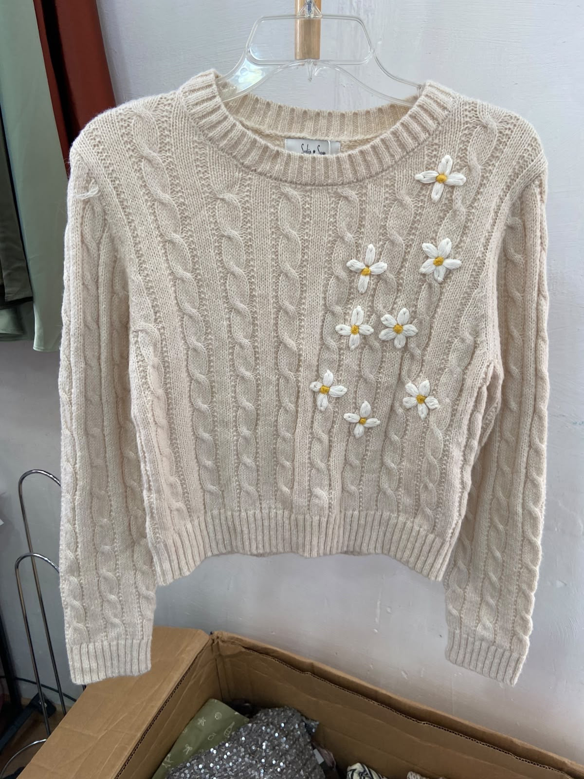 Cream Knit Cropped Sweater with Floral Detail