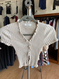 Beige Ribbed Short Sleeve Button-Up Top with Ruffle Trim