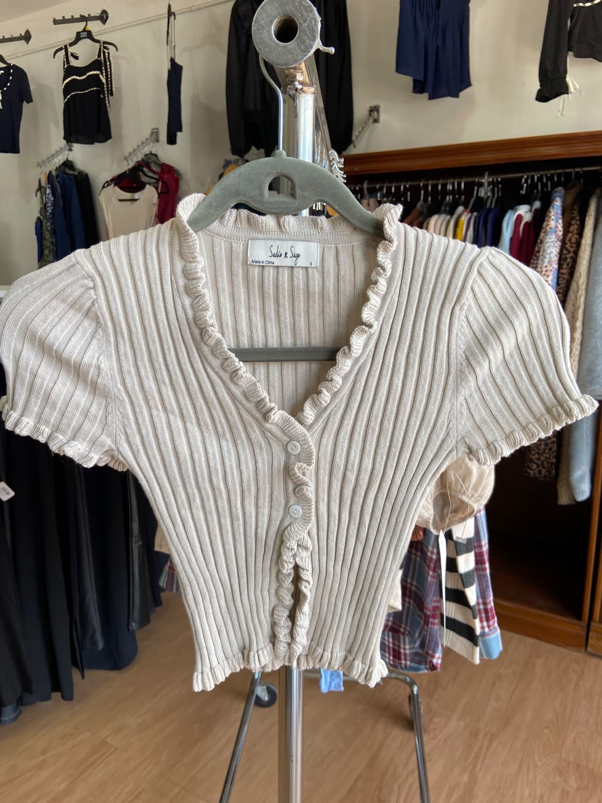 Beige Ribbed Short Sleeve Button-Up Top with Ruffle Trim