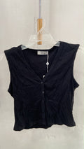 Black Sleeveless Button-Up Tank Top with Ribbed Texture