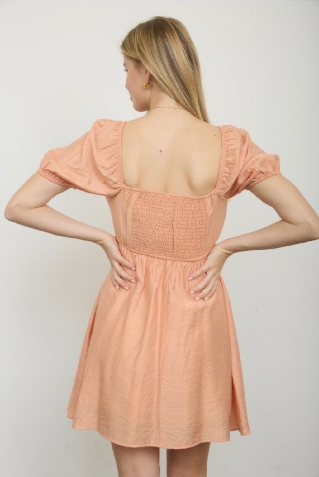 Peach Puff Sleeve Square Neck Dress with Ruffles