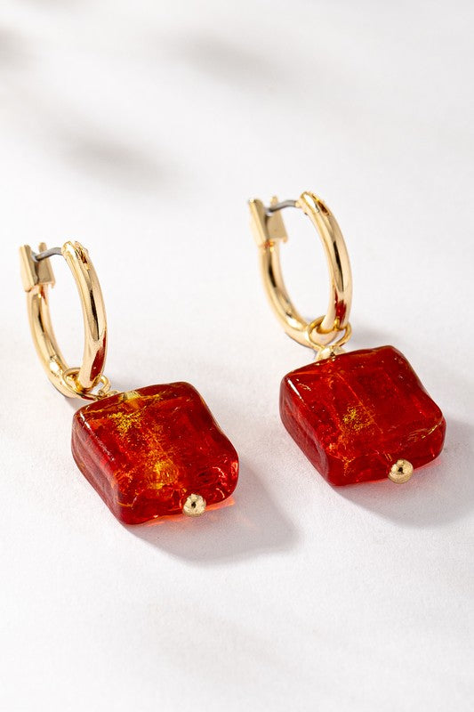 Rainbow Square Murano Glass Huggie Hoop Earrings | Women's Gold-Tone Jewelry | Colorful Geometric Statement Earrings