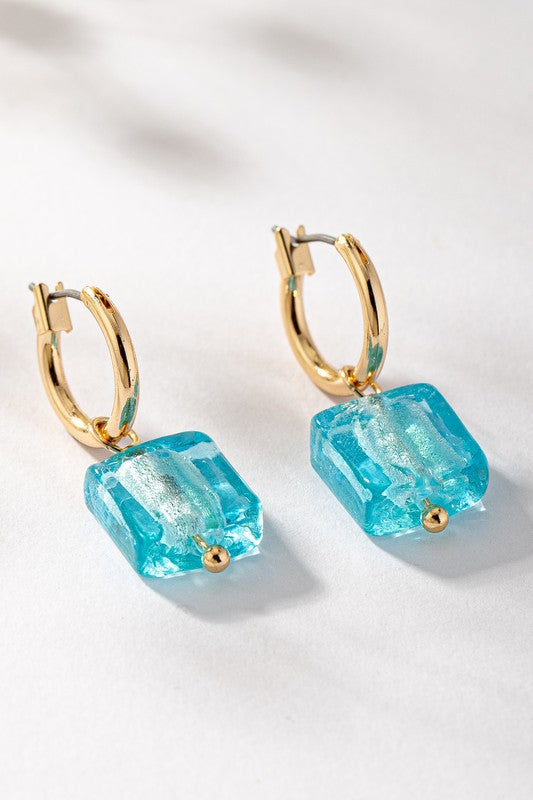 Rainbow Square Murano Glass Huggie Hoop Earrings | Women's Gold-Tone Jewelry | Colorful Geometric Statement Earrings