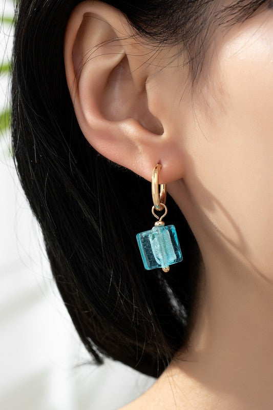 Rainbow Square Murano Glass Huggie Hoop Earrings | Women's Gold-Tone Jewelry | Colorful Geometric Statement Earrings
