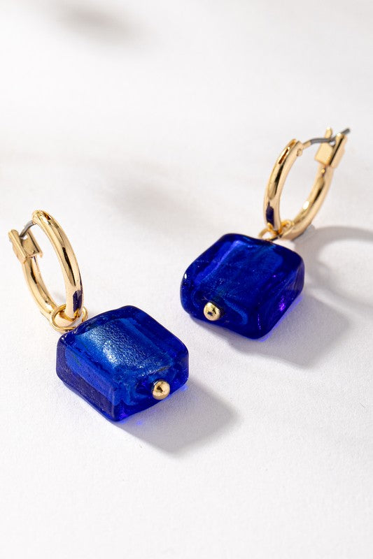 Rainbow Square Murano Glass Huggie Hoop Earrings | Women's Gold-Tone Jewelry | Colorful Geometric Statement Earrings