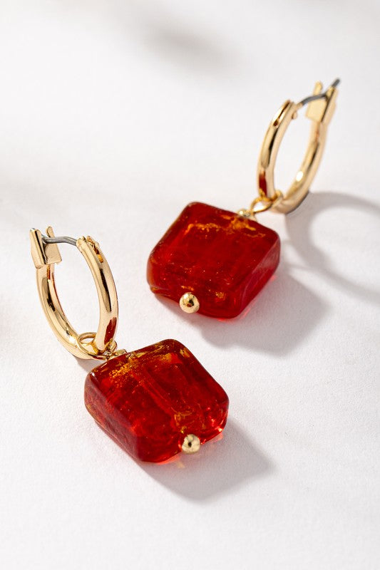 Rainbow Square Murano Glass Huggie Hoop Earrings | Women's Gold-Tone Jewelry | Colorful Geometric Statement Earrings