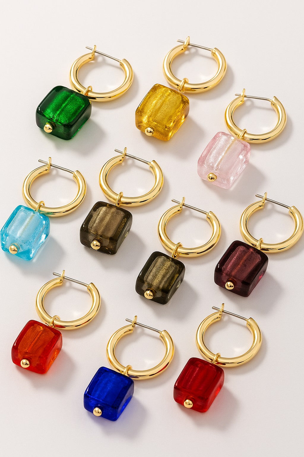 Rainbow Square Murano Glass Huggie Hoop Earrings | Women's Gold-Tone Jewelry | Colorful Geometric Statement Earrings