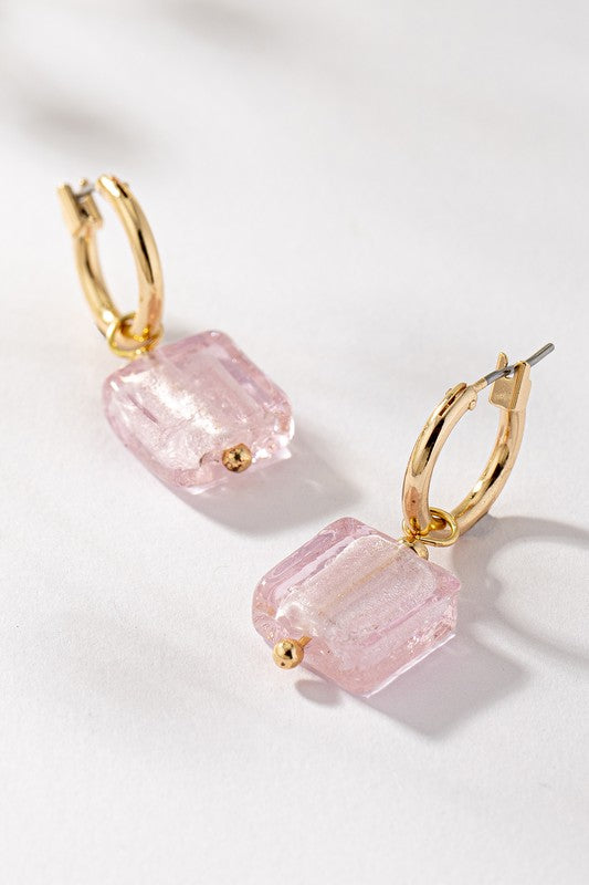 Rainbow Square Murano Glass Huggie Hoop Earrings | Women's Gold-Tone Jewelry | Colorful Geometric Statement Earrings