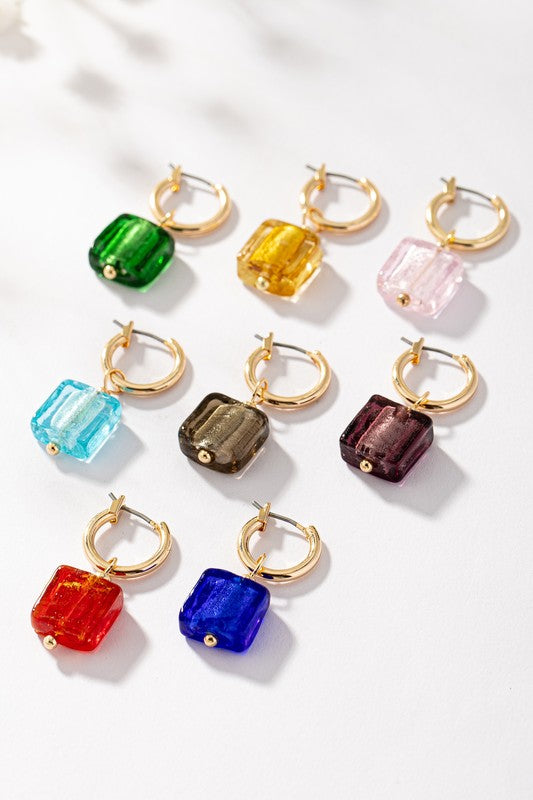 Rainbow Square Murano Glass Huggie Hoop Earrings | Women's Gold-Tone Jewelry | Colorful Geometric Statement Earrings