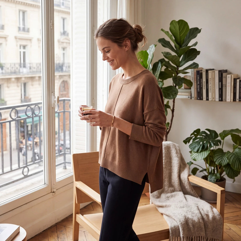 Brown Long Sleeve Sweater with Ribbed Hem