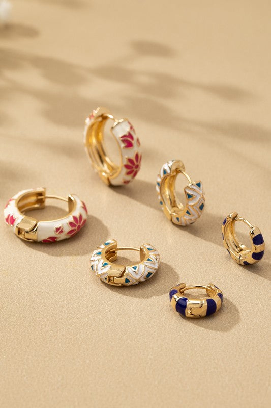 Stunning Trio Huggie Hoop Earrings - Women's Gold Plated Stainless Steel Jewelry with Enamel Flowers
