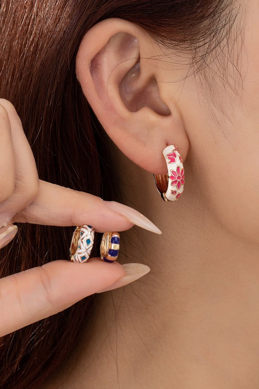 Stunning Trio Huggie Hoop Earrings - Women's Gold Plated Stainless Steel Jewelry with Enamel Flowers