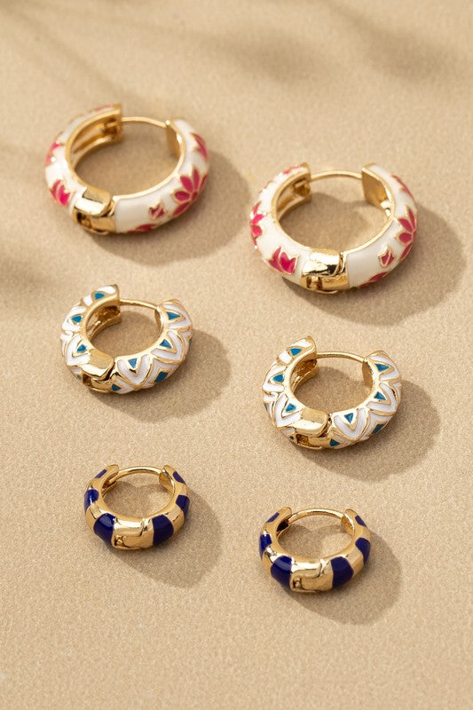 Stunning Trio Huggie Hoop Earrings - Women's Gold Plated Stainless Steel Jewelry with Enamel Flowers