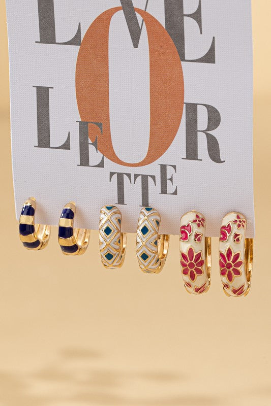 Stunning Trio Huggie Hoop Earrings - Women's Gold Plated Stainless Steel Jewelry with Enamel Flowers