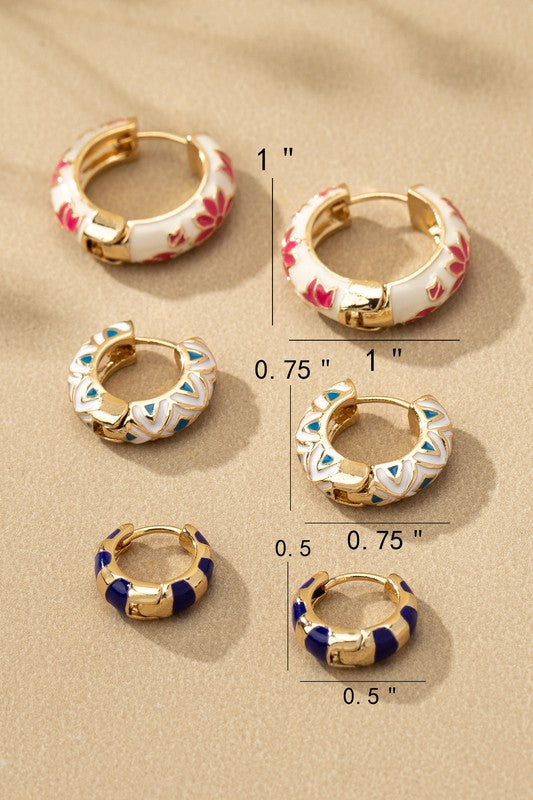 Stunning Trio Huggie Hoop Earrings - Women's Gold Plated Stainless Steel Jewelry with Enamel Flowers